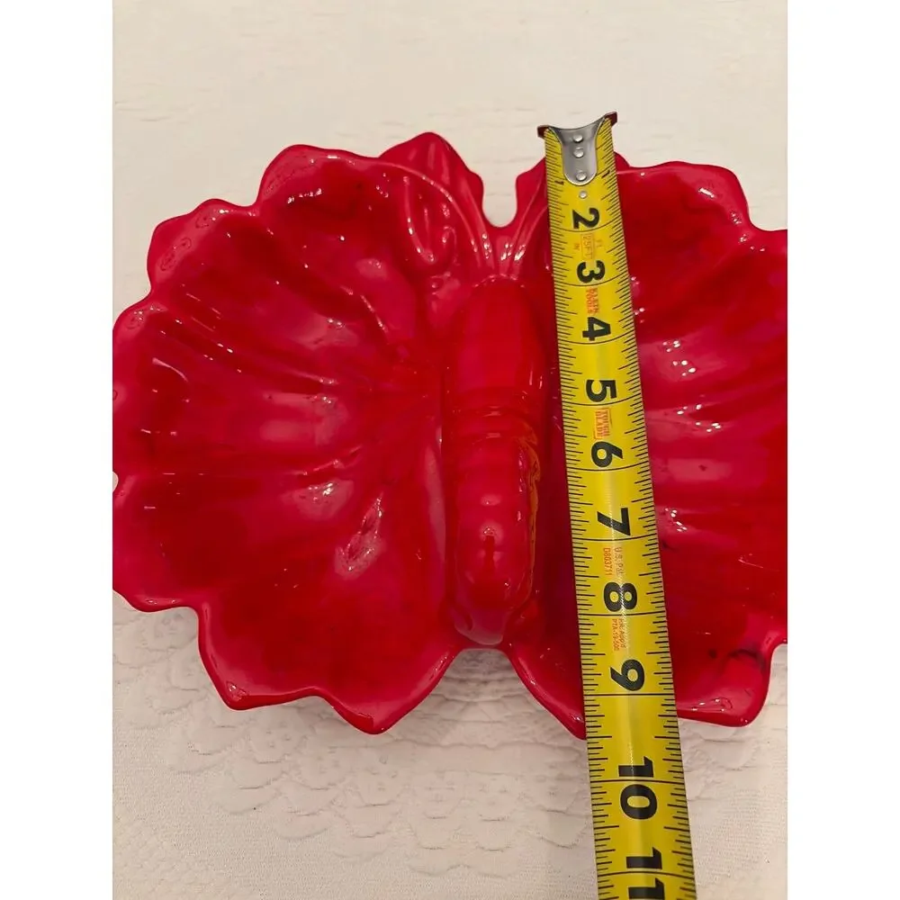 Vibrant Red Lobster Shell Ceramic Divided Serving Dish Coastal Decor Sea Life